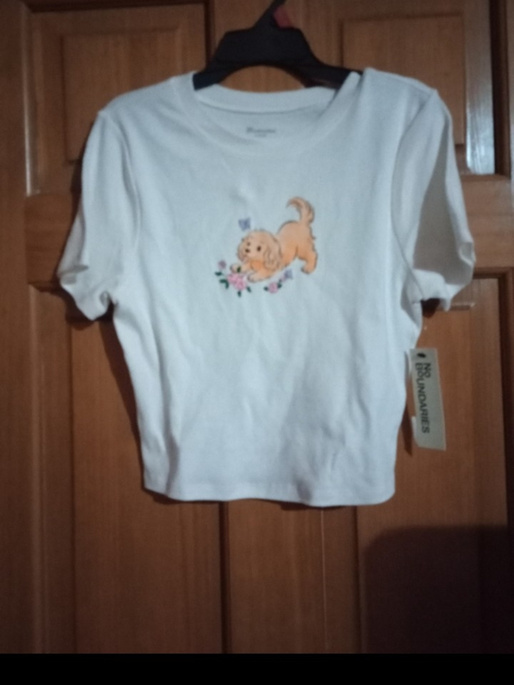 No Boundaries White Kids Tee with Playful Puppy Graphic